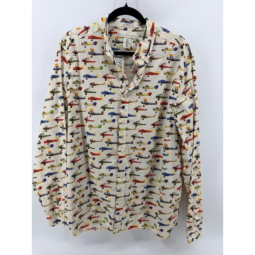 Logg, (H&M) Button-Down Long-Sleeve Collared, Propeller Plane, Men's Size XL